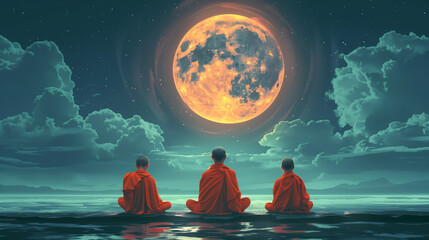 Buddhist monks in vibrant orange robes meditating under the full moon, ai