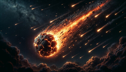 Fiery Meteor Shower Descending Through Night Sky