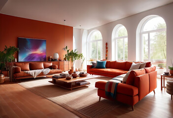 Interior of a bright living room with a terracotta armchair with a blanket thrown over it, a coffee table and a large window, modern light minimalist interior design,