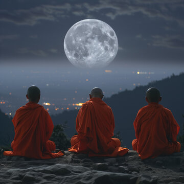 Buddhist monks in vibrant orange robes meditating under the full moon, ai