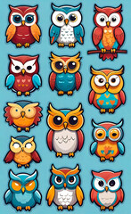 Obraz premium set of web icons of funny little owls, vector illustration, seamless pattern for design and print, smartphone background,