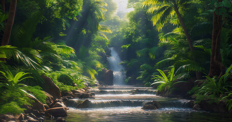 backdrop illustration Lush tropical forest background image generated by AI