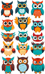 Naklejka premium set of web icons of funny little owls, vector illustration, seamless pattern for design and print, smartphone background,