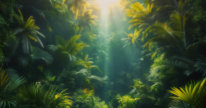 backdrop illustration Lush tropical forest background image generated by AI