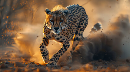 A majestic cheetah in full sprint, dust billowing around its powerful legs under a golden sunset light, capturing the essence of speed and natural elegance.