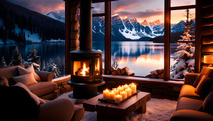 cozy interior of the room with a fireplace and sofa, a large window overlooking the snow-capped mountains and lake, a romantic atmosphere for rest and relaxation, - obrazy, fototapety, plakaty
