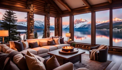 Fotobehang cozy interior of the room with a fireplace and sofa, a large window overlooking the snow-capped mountains and lake, a romantic atmosphere for rest and relaxation, © Perecciv