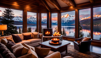 Fototapeta premium cozy interior of the room with a fireplace and sofa, a large window overlooking the snow-capped mountains and lake, a romantic atmosphere for rest and relaxation,