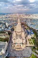 Basilica Sacre Coeur in Montmartre in Paris, France amazing aerial panorama