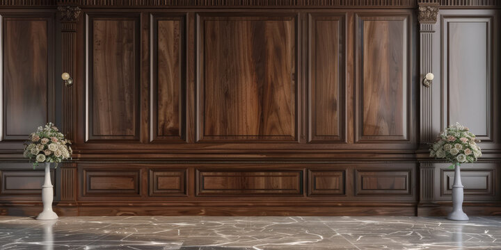 empty room with brown natural wood wall panels background with ceramic floor,Luxury wood paneling background or texture. highly crafted classic or traditional wood paneling, with a frame pattern