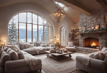 cozy interior of the room with a fireplace and sofa, a large window overlooking the snow-capped mountains and lake, a romantic atmosphere for rest and relaxation,