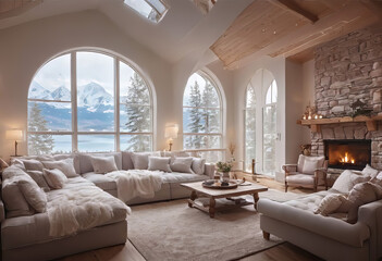 cozy interior of the room with a fireplace and sofa, a large window overlooking the snow-capped mountains and lake, a romantic atmosphere for rest and relaxation,