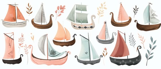 Norman ship set. 11 viking boats norway drakkar modern doodle icons for kids. Viking scandinavian draccars set. - obrazy, fototapety, plakaty