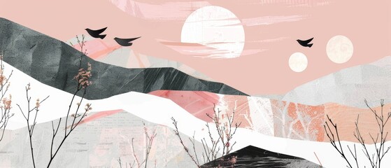 A landscape illustration featuring fog, hills, sunrises, flocks of birds flying away, blossoming cherries with pink flowers, and birds sitting