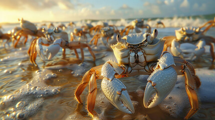 A group of crabs on a sandy beach with the sun setting on the horizon, casting a warm glow over the scene while the ocean water gently washes onto the shore. - obrazy, fototapety, plakaty