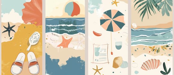 An icon set showing summer beach holidays, vacation, shoes, ice cream, shells, a ball, drink, towel, sunglasses, and parasol. Modern illustration on black and white paper.