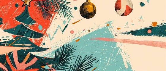 This is a hippie vintage style Christmas card, reminiscent of 70s groovy typographic posters with HoHoHo and Xmas tree balls. Modern illustration created by hand. - obrazy, fototapety, plakaty