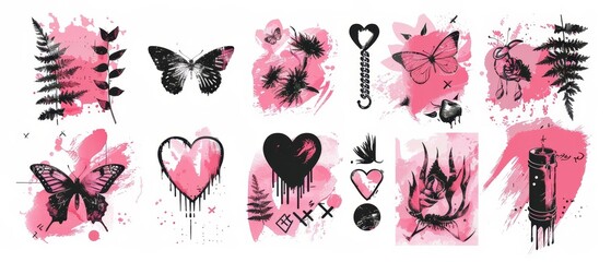 Modern hand drawn illustration in trendy emo goth style in pink and black. Butterfly, kawaii bear, fire, flame, chain heart, tattoo and other icons in popular emo goth style with Y2K glamour. 90's, - obrazy, fototapety, plakaty