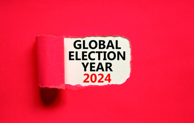 Global election year 2024 symbol. Concept words Global election year 2024 on beautiful white paper. Beautiful red background. Business Global election year 2024 concept. Copy space