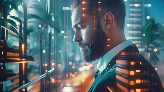 A pensive man in a suit gazes out at the urban night lights, symbolizing ambition and reflection. Animation