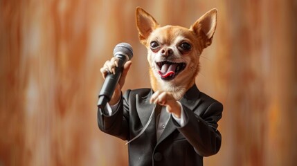 Chihuahua dictator in a suit giving a speech. The concept of politics and dictatorship.	
