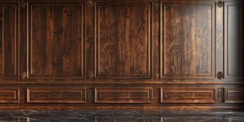 empty room with brown natural wood wall panels background with ceramic floor,Luxury wood paneling background or texture. highly crafted classic or traditional wood paneling, with a frame pattern