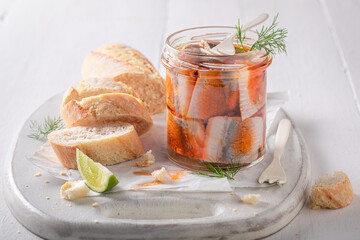 Tasty and healthy pickled herring with onion and tomatoes. - 766313528
