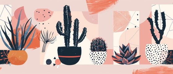 Illustration of cacti without pots, home plants, succulents, drawn by hand in flat modern format - obrazy, fototapety, plakaty