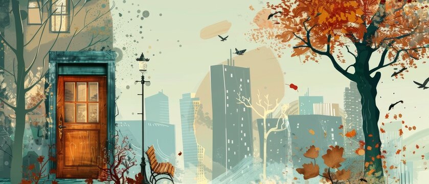 This flat cartoon modern depicts a wooden door with view of a park and urban landscape. Outside there are freen trees and silhouettes of skyscrapers. A summer cityscape with benches, lanterns,
