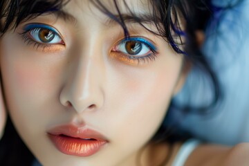 photo detail of a beautiful young Asian woman with blue eyeshadows
