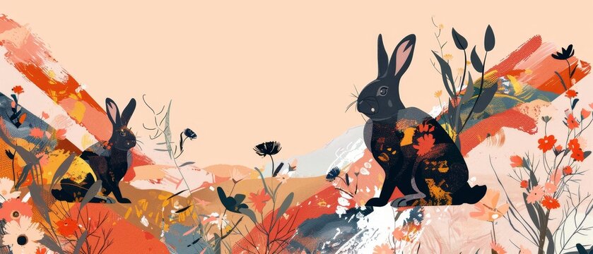 Flok flower decor Easter bunnies with a silhouette of a sitting and lying rabbit. Hand drawn illustrated art in a trendy flat style.