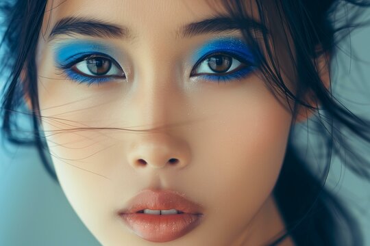 photo detail of a beautiful young Asian woman with blue eyeshadows