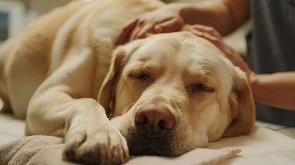 Photo of a fawn Labrador retriever on a massage by a rehabilitation doctor in physiotherapy. Inspection of a dog at a veterinary clinic