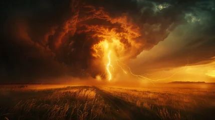 Keuken spatwand met foto An intense storm with a dramatic swirl of clouds dominates the sky above a serene field, as lightning bolts strike the horizon illuminating the darkened landscape © ChubbyCat