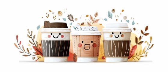 Cartoon character with groovy text. Cute retro cartoon character of takeaway coffee in paper cup. Isolated funny drink for decor, postcards, menus and design. - obrazy, fototapety, plakaty