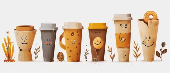 Set of retro cartoon groovy coffee character mascots. Vintage paper cup, mug, donut mascots collection. Hand drawn modern illustration in contour pastel color from the 50s and 60s. - obrazy, fototapety, plakaty