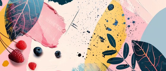A modern illustration isolated on white background depicts cherries, strawberries, blueberries, and raspberries on watercolor splashes and spots.