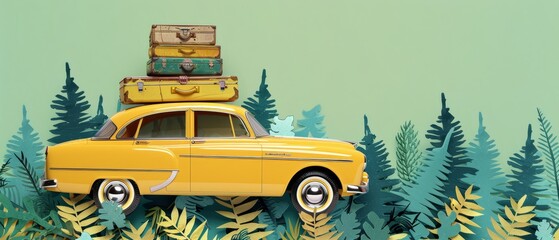 An illustration of a yellow vintage car with a pile of fallen suitcases on the roof. Winter tourism, travel, trip, flat cartoon modern illustration. Side view of the car with a heap of falling