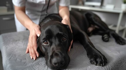 Photo of a black Labrador retriever having a massage at a rehabilitation doctor in the physiotherapy department. Inspection of a dog at a veterinary clinic