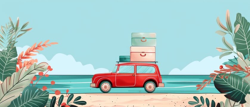 Stack of suitcases on roof of a little red retro car riding from the sea. Flat cartoon modern illustration. Car front view with suitcases and baggage. Southern landscape with sand and Monstera