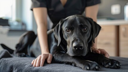 Photo of a black Labrador retriever having a massage at a rehabilitation doctor in the physiotherapy department. Inspection of a dog at a veterinary clinic - obrazy, fototapety, plakaty