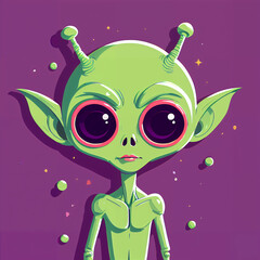 An illustration featuring an alien floating amidst a cosmic landscape adorned with swirling planets and twinkling stars. The alien, in a futuristic spacesuit, possesses big, glossy eyes gleaming 