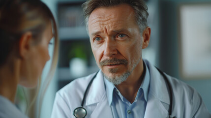 Fototapeta premium A professional healthcare setting with a male doctor in a white coat, stethoscope around his neck, having a serious conversation with a female patient.