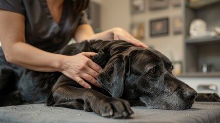 Photo of an elderly black Labrador Retriever having a massage at a rehabilitation doctor in the physiotherapy department. Examination of an old dog at a veterinary clinic