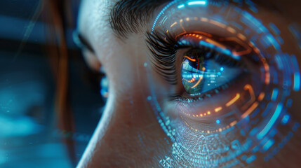 Close-up of a human eye with futuristic digital overlays symbolizing advanced technology, biometrics, and cyber security.