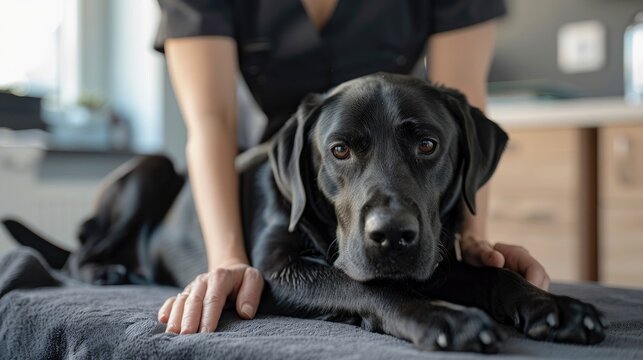 Photo of a black Labrador retriever having a massage at a rehabilitation doctor in the physiotherapy department. Inspection of a dog at a veterinary clinic