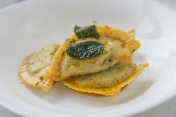 Italian vegetable stuffed ravioli with sauce and bay leaf close up on isolated white plate 