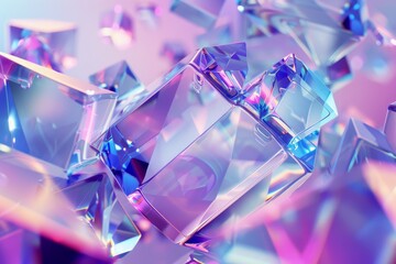 Abstract render of colorful glass geometric shapes with reflective surfaces. Vibrant and reflective glass contrast against geometric shapes, creating an abstract and futuristic atmosphere. 