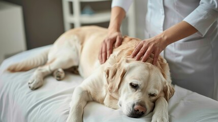 Photo of a fawn Labrador retriever on a massage by a rehabilitation doctor in physiotherapy. Inspection of a dog at a veterinary clinic - obrazy, fototapety, plakaty