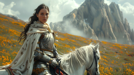 A medieval female knight warrior woman on horseback riding on his horse in a field of flowers with a mountain the background